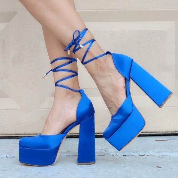 Womens Satin Platform Chunky Lace Up Heels Blue Color - Picture 2 of 5